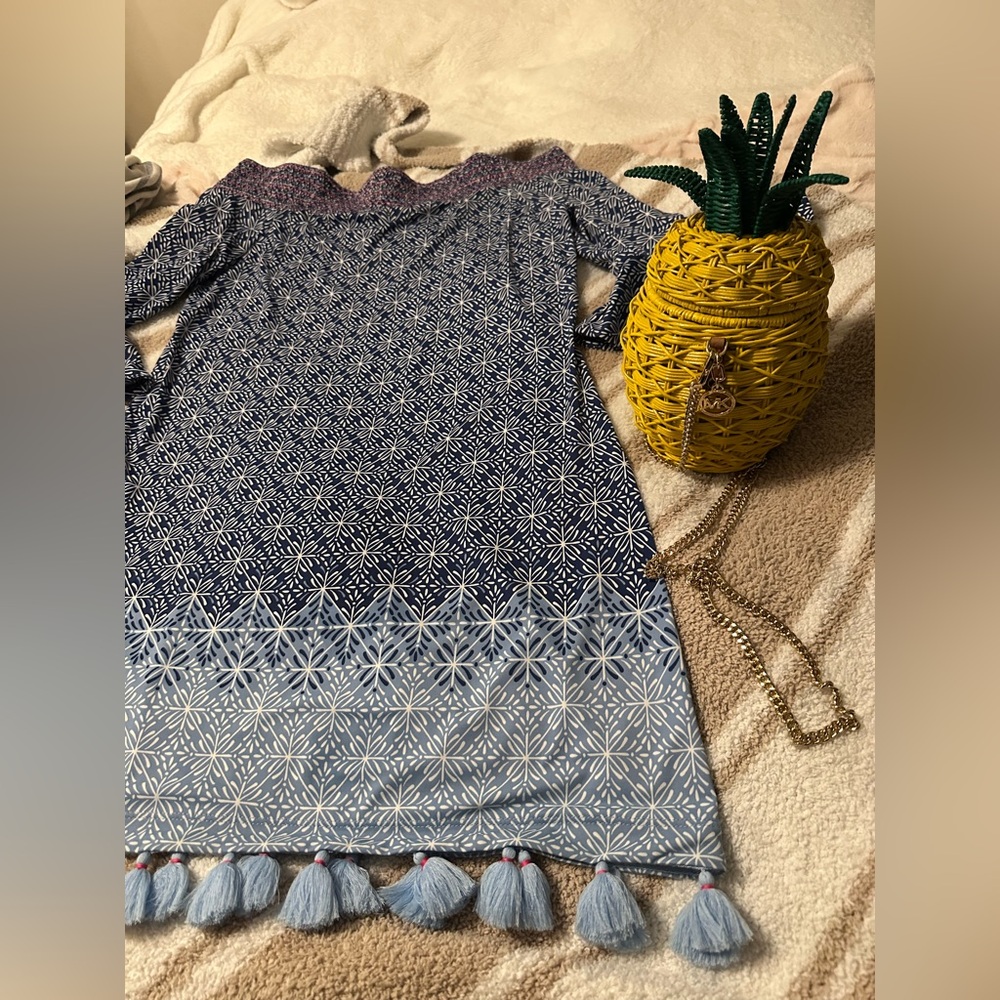 Blue Patterned SPF 50 Dress with Tassels size L nwot